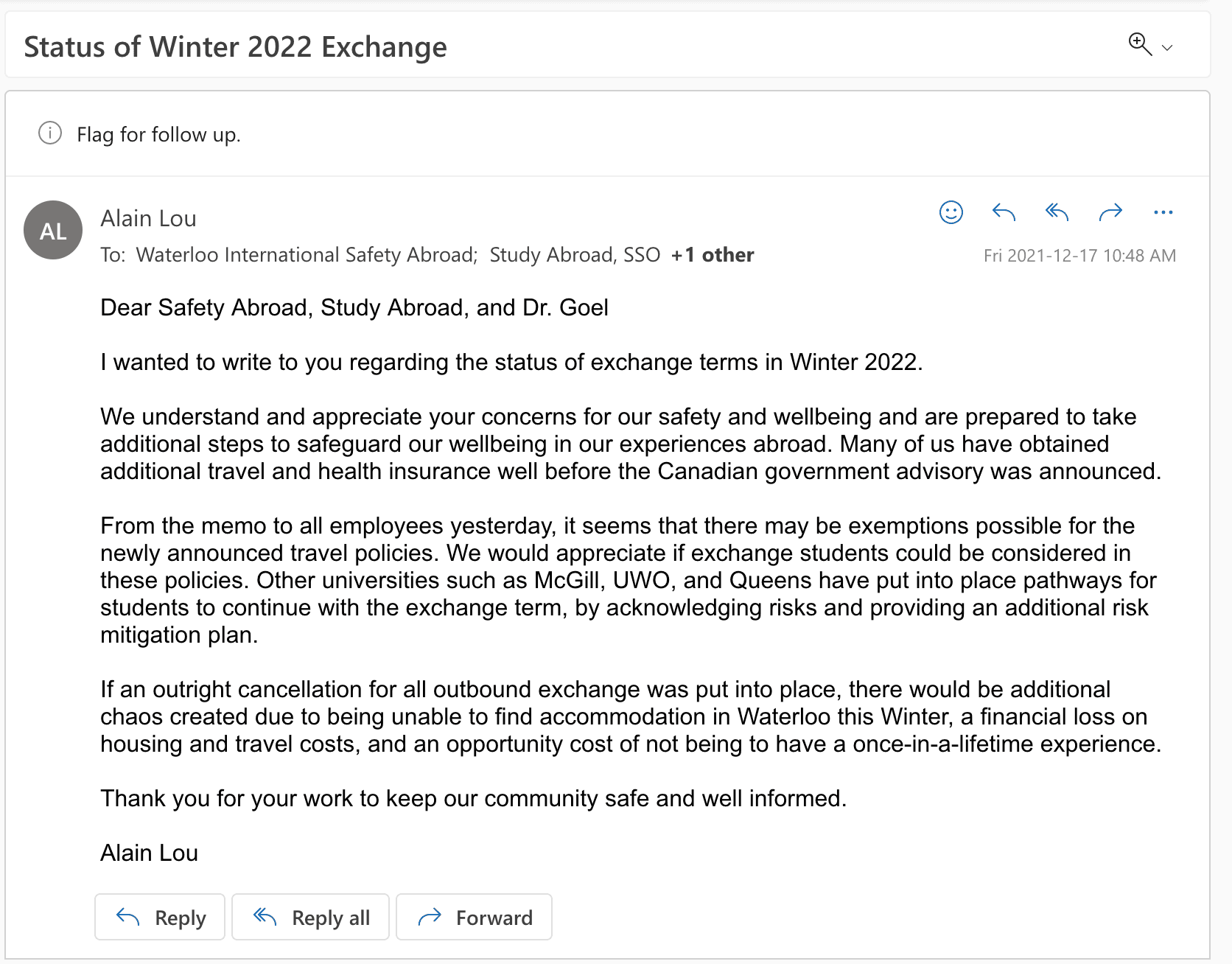 Don't cancel exchange email